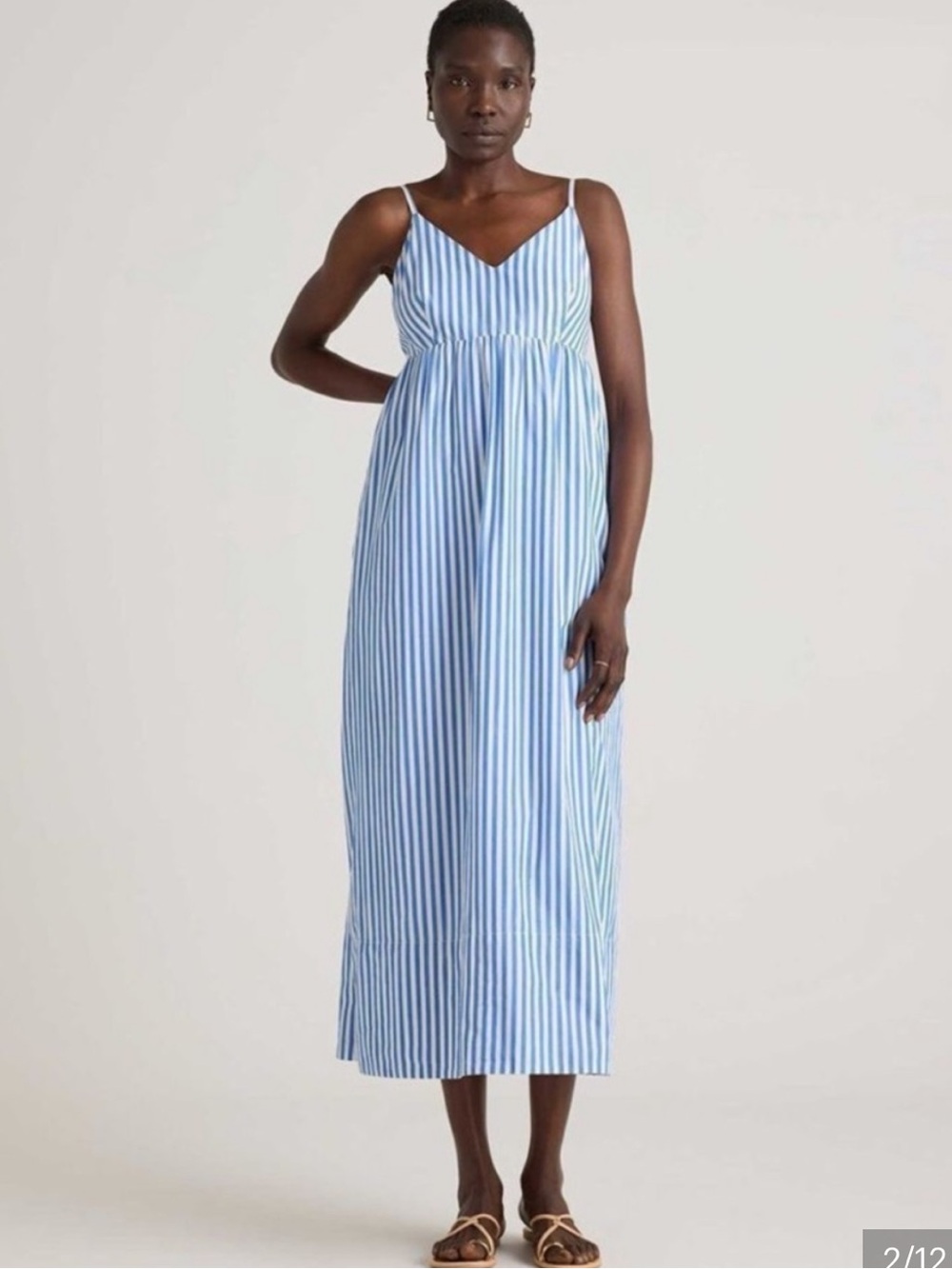 NWOT Quince 100% Organic Cotton Azure Striped Babydoll Sleeveless Maxi Dress. LG